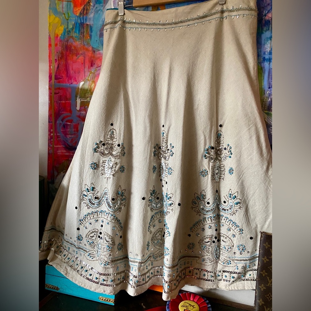Gorgeous Sparkle Beaded BASIL & MAUDE Statement SKIRT Turquoise Silver Southwest